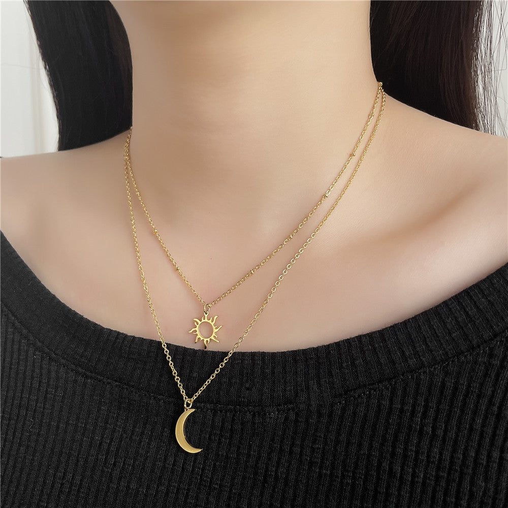 Collier multi-couches Soleil & Lune en acier inoxydable pour femme