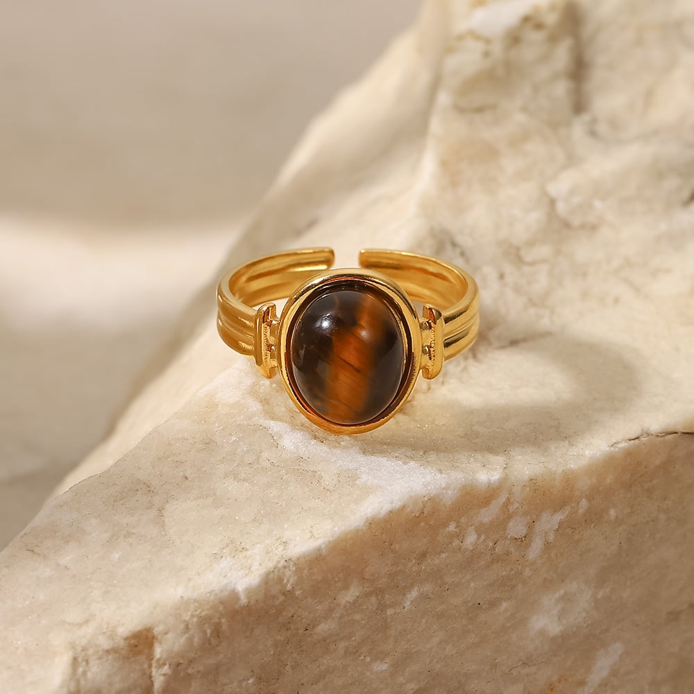 Bague Rétro Ambre - Acier Inoxydable