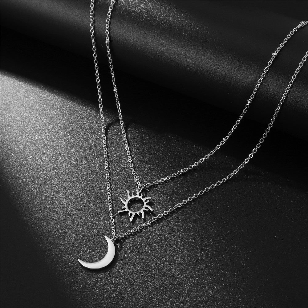 Collier multi-couches Soleil & Lune en acier inoxydable pour femme