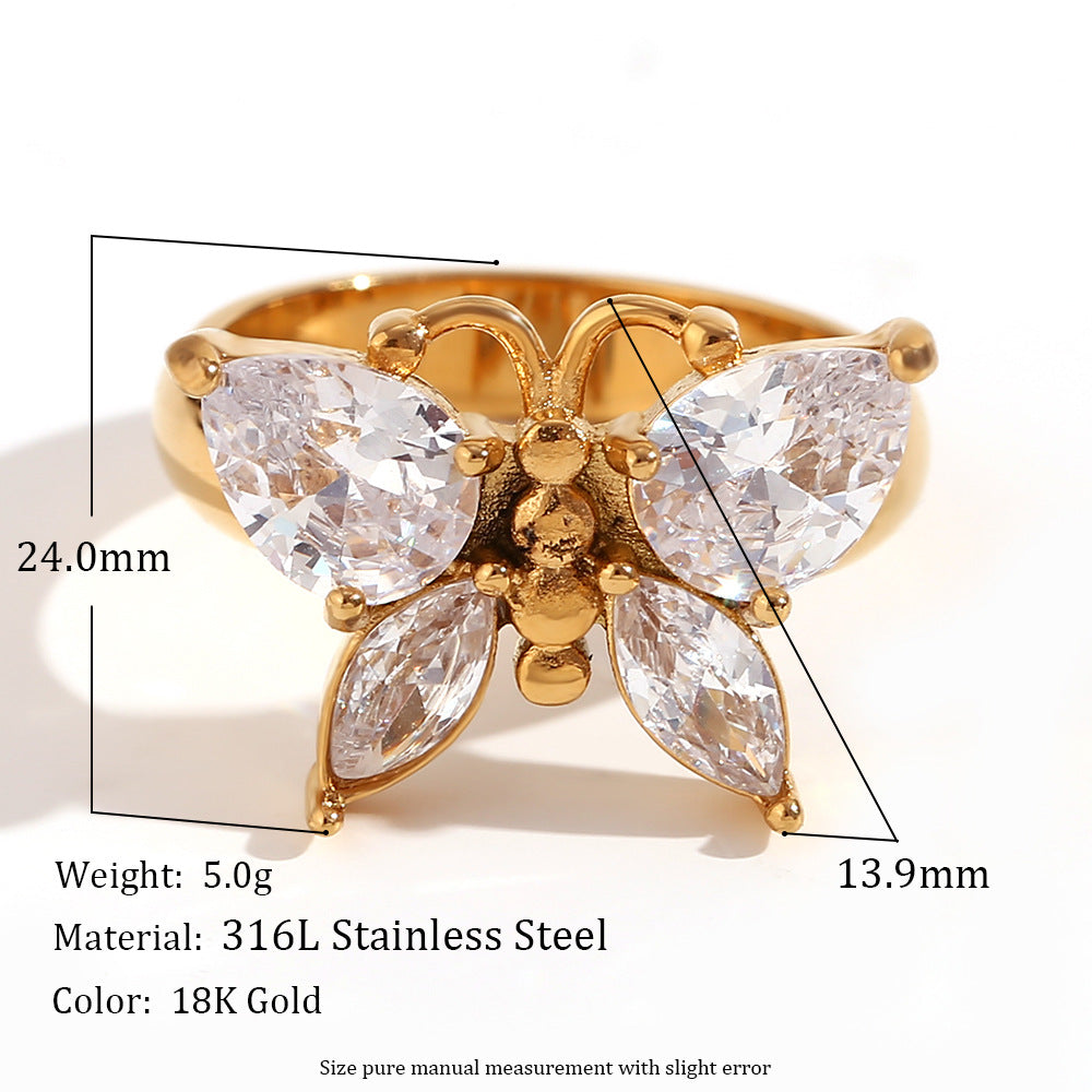 Bague papillon en acier inoxydable plaquée or 18 carats avec zircons