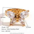 Bague papillon en acier inoxydable plaquée or 18 carats avec zircons