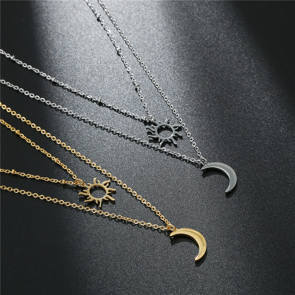 Collier multi-couches Soleil & Lune en acier inoxydable pour femme