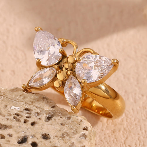 Bague papillon en acier inoxydable plaquée or 18 carats avec zircons