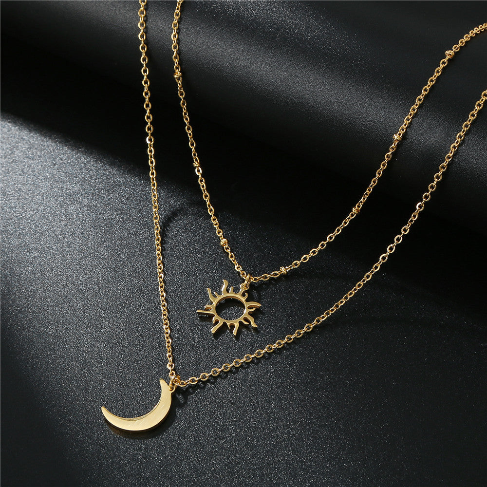 Collier multi-couches Soleil & Lune en acier inoxydable pour femme